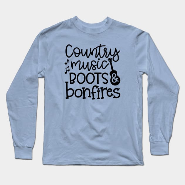 Country Music Boots and Bonfires Guitar Cute Long Sleeve T-Shirt by GlimmerDesigns